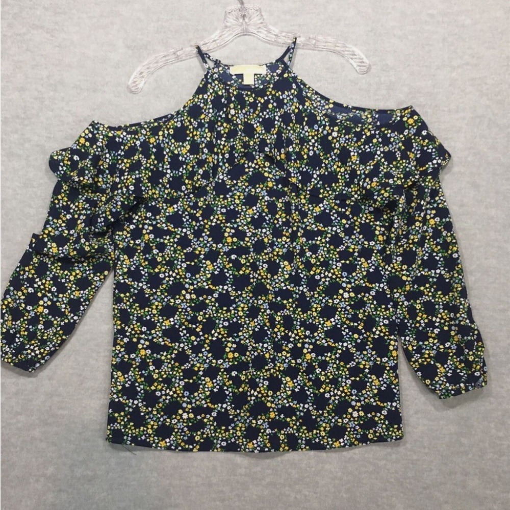 Michael Kors | Long Sleeve Cold Shoulder Blue and Yellow Floral Top | Size M
